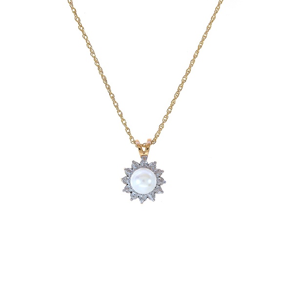7mm Pearl & Diamond Accent Pendant Necklace 14K
